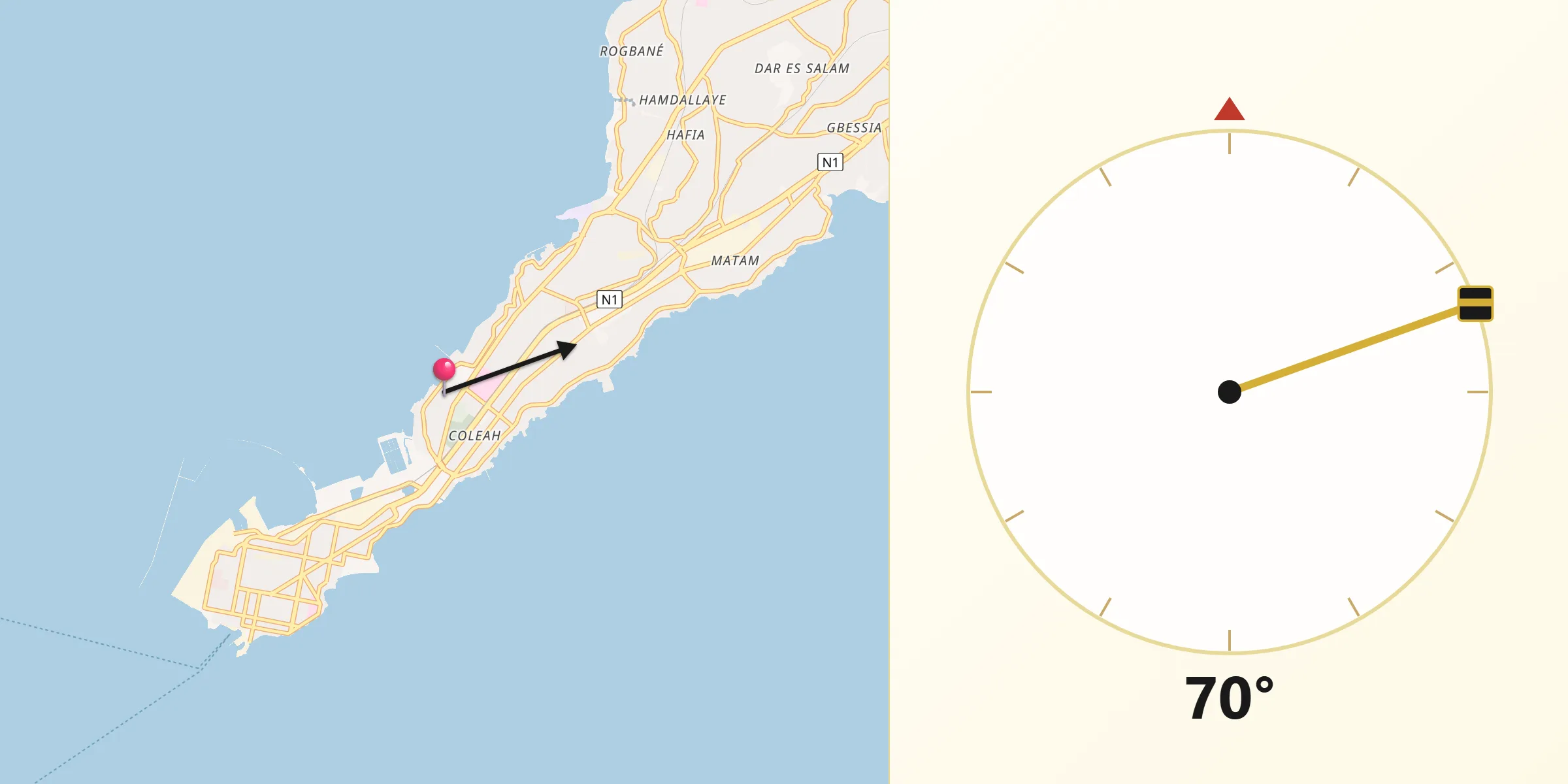 Direction vers la Qibla depuis Camayenne