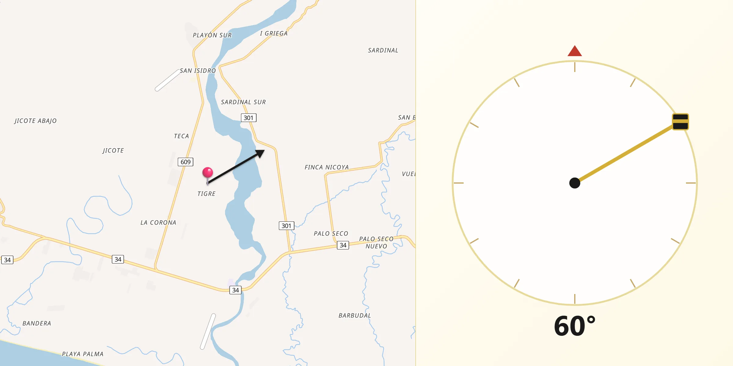 Dirección de la Qibla desde Parrita