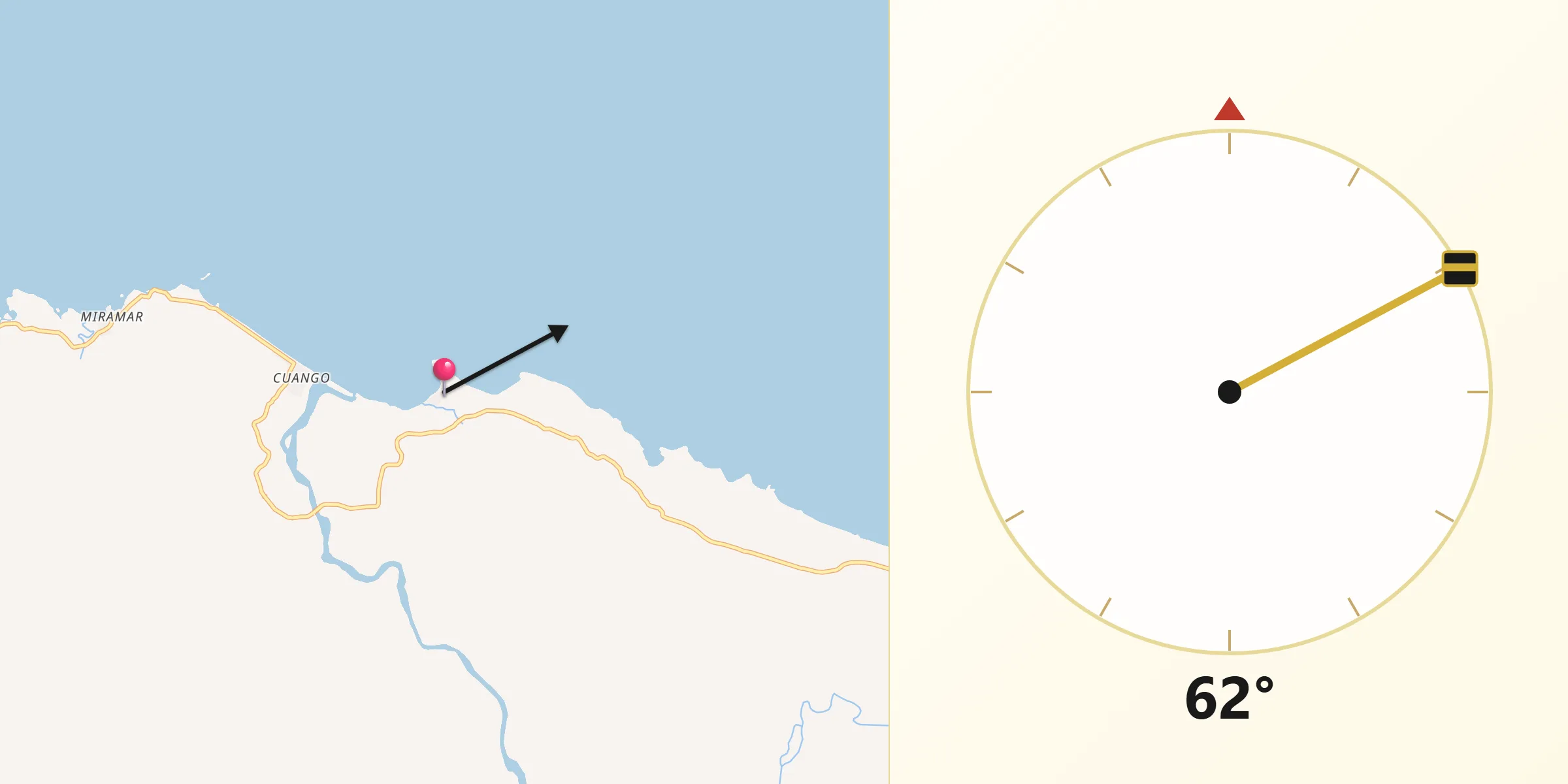 Dirección de la Qibla desde Playa Chiquita