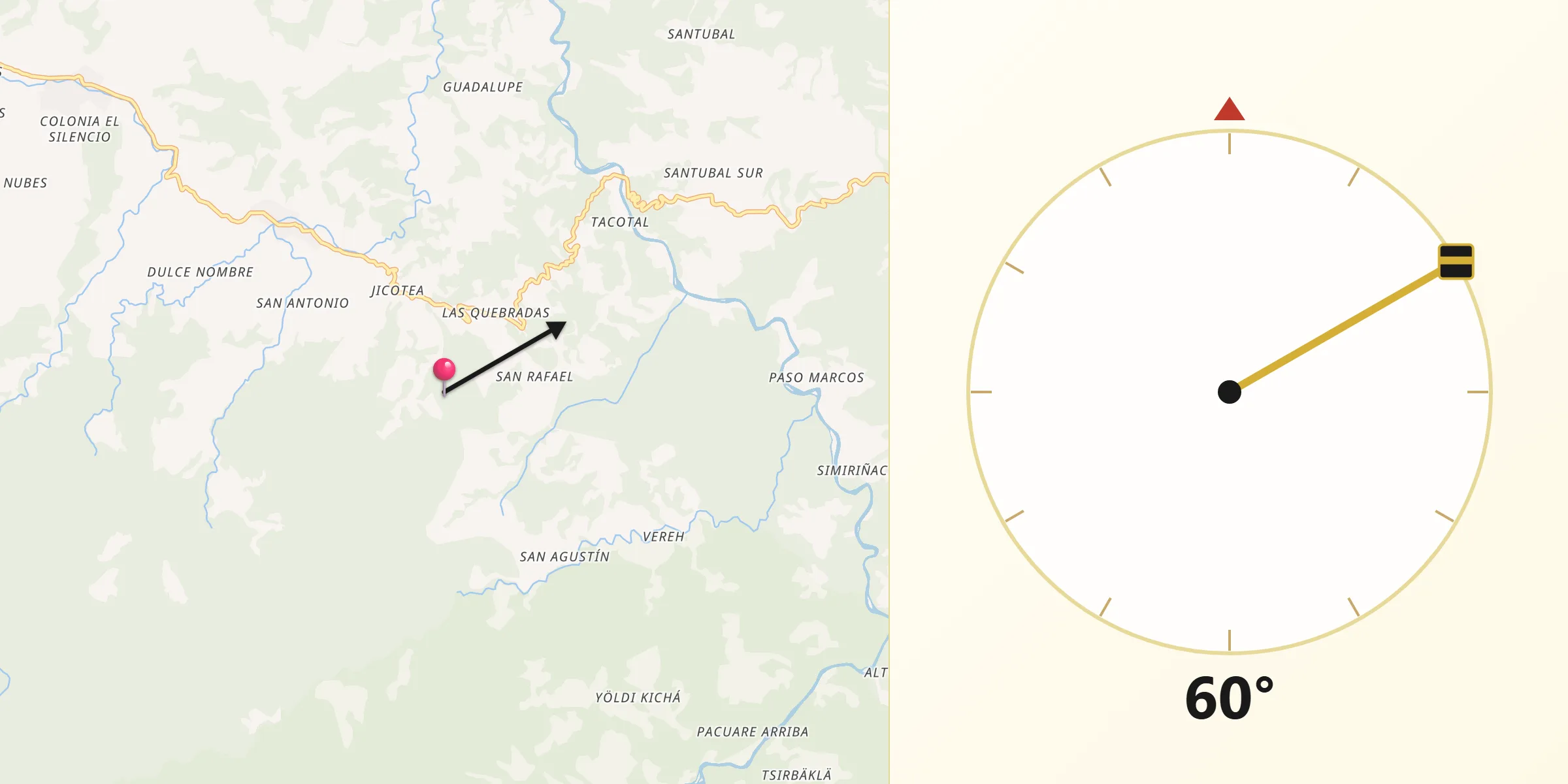 Dirección de la Qibla desde Turrialba
