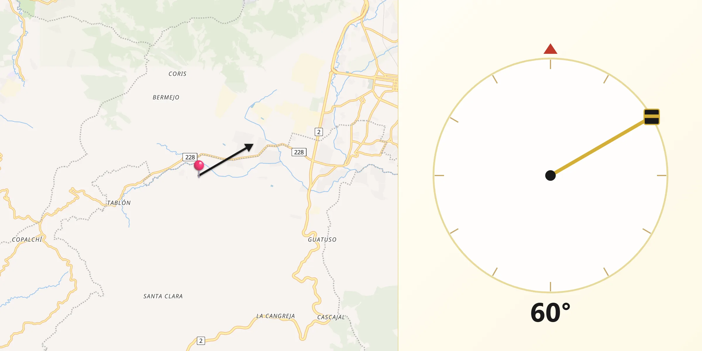 Dirección de la Qibla desde Tobosi
