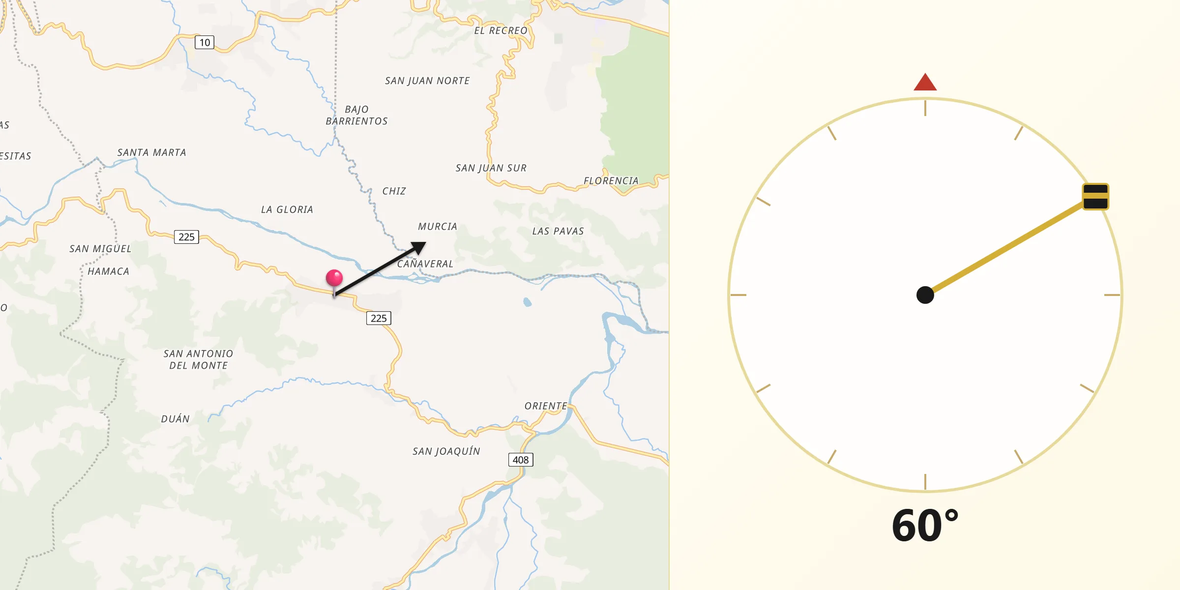 Dirección de la Qibla desde Tucurrique
