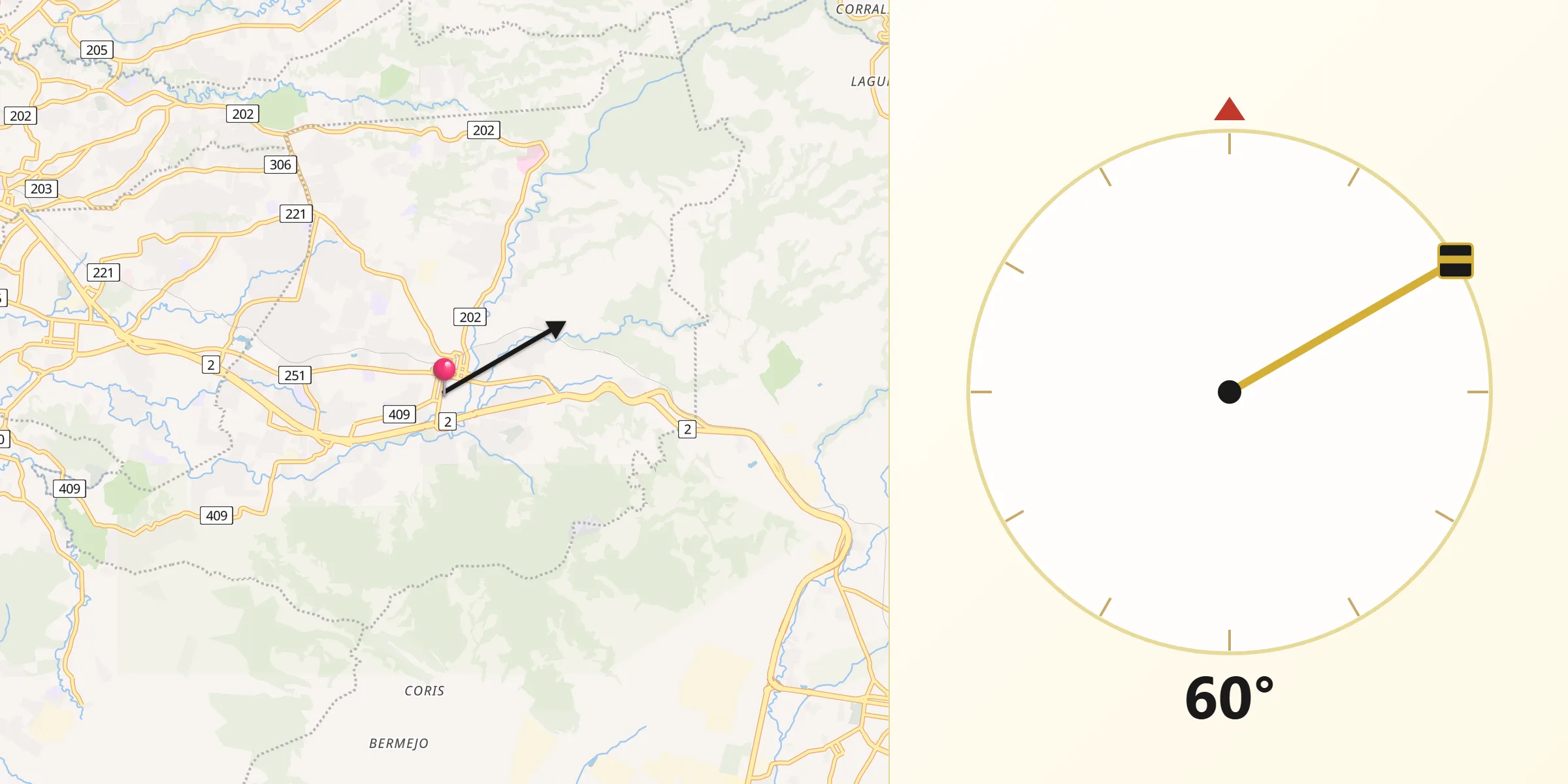 Dirección de la Qibla desde Tres Ríos