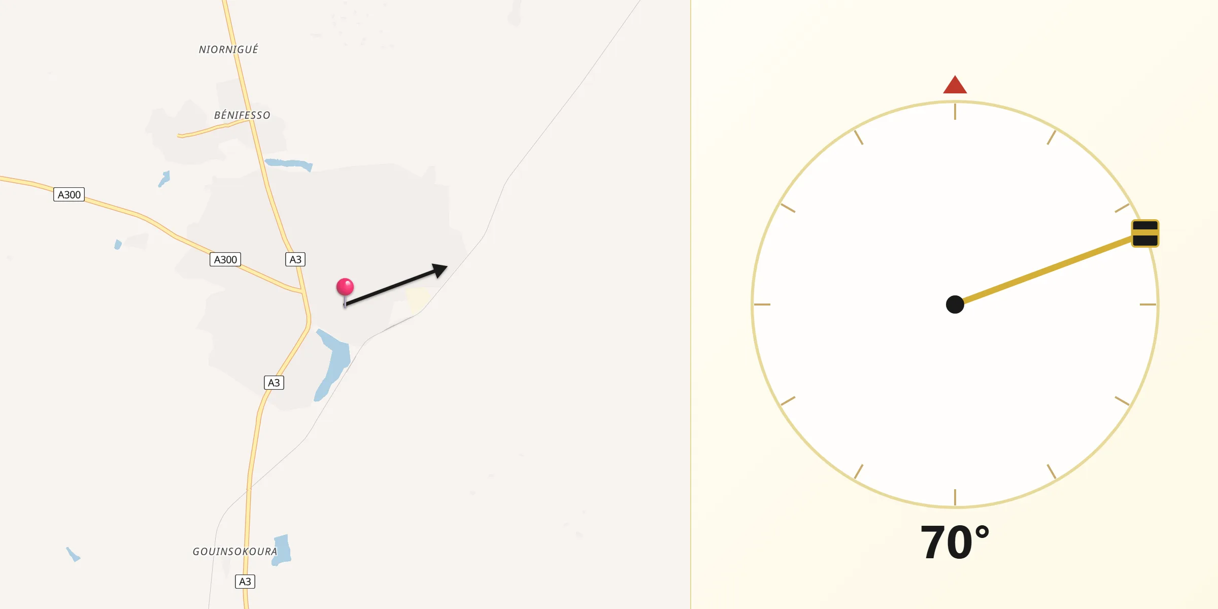 Direction vers la Qibla depuis Ouangolodougou